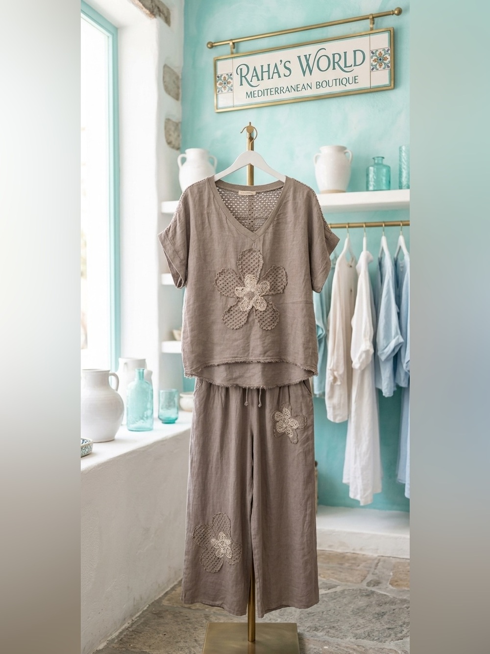100% Linen 🇮🇹 Rashasworld cafe Linen Set with Floral Appliqué O/S